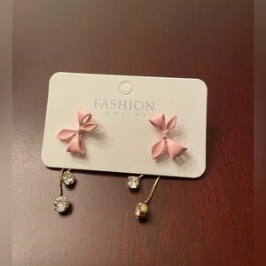 4/25$ Pink Bow Earrings with Gold-tone Cubic Zircon backing